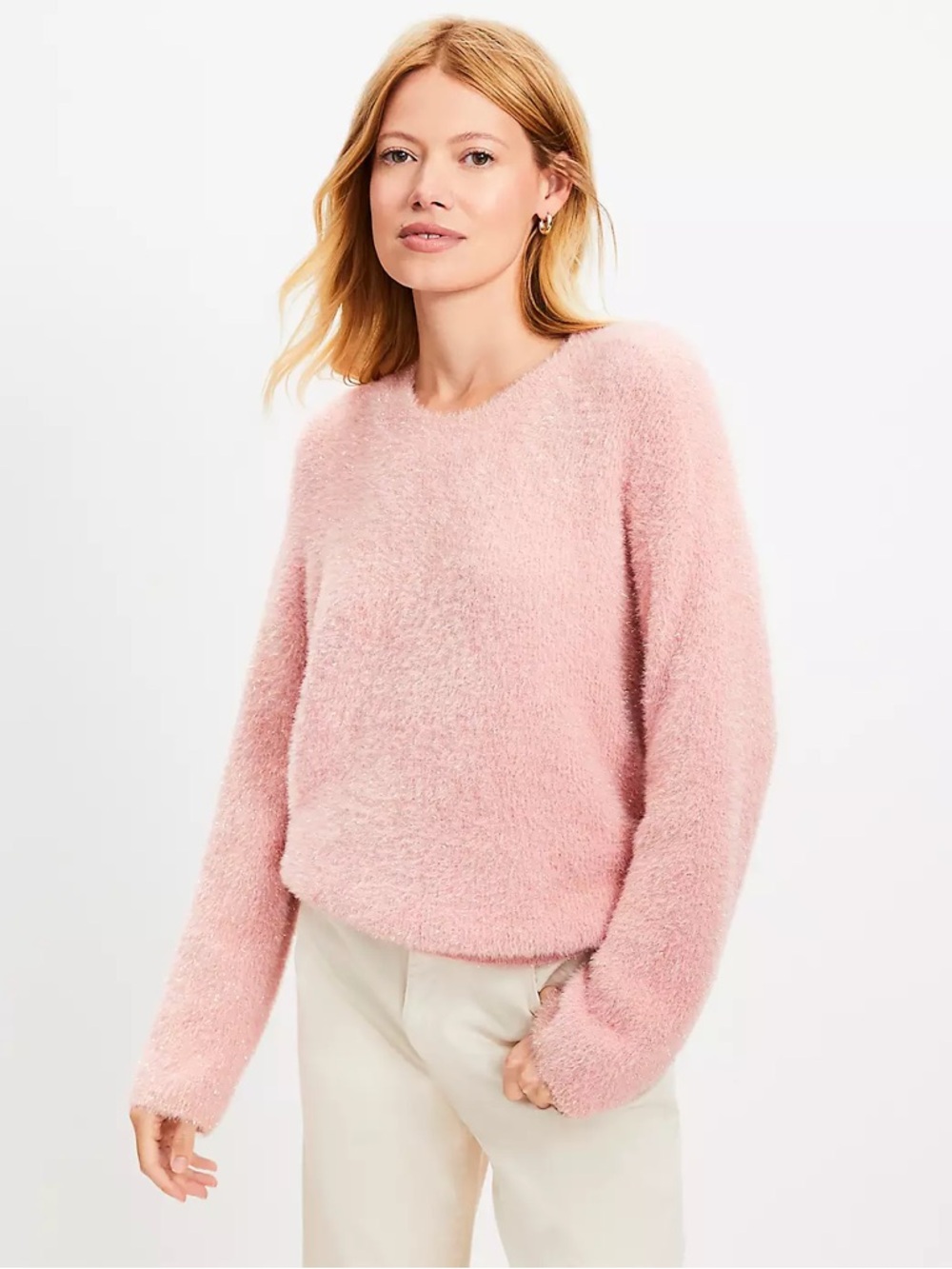 Cozy Crewneck Fuzzy Sweater - Light Pink shimmery with gold sparkle